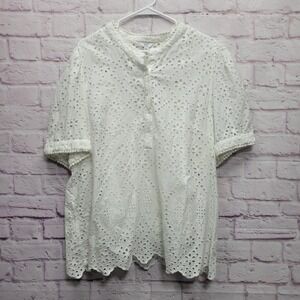Crown & Ivy White Eyelet Blouse Sz 3X Button Front Prairie Cottage Boho Coquette